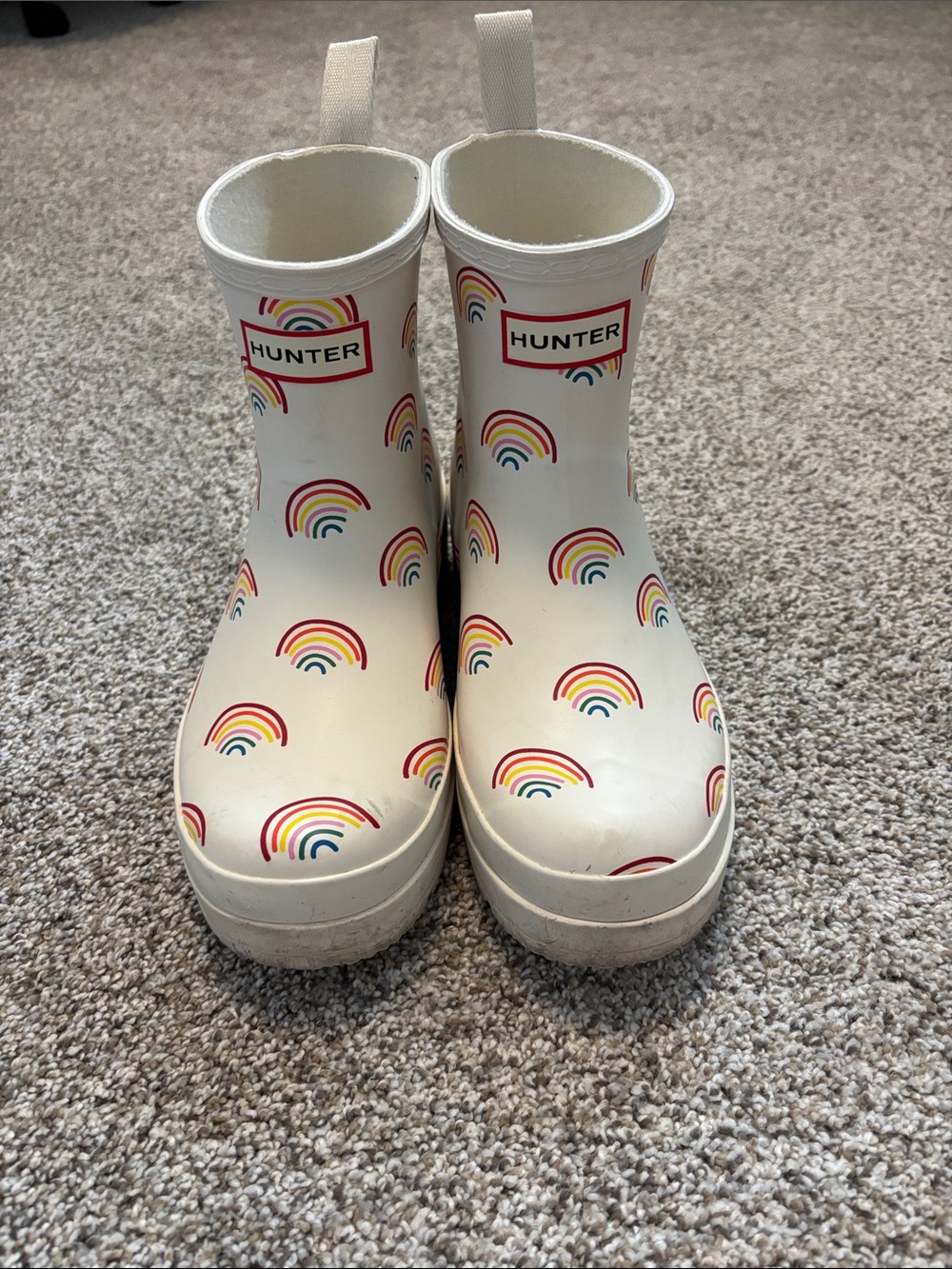Hunter White Rain Boots with Rainbow Print - Picture 1 of 3